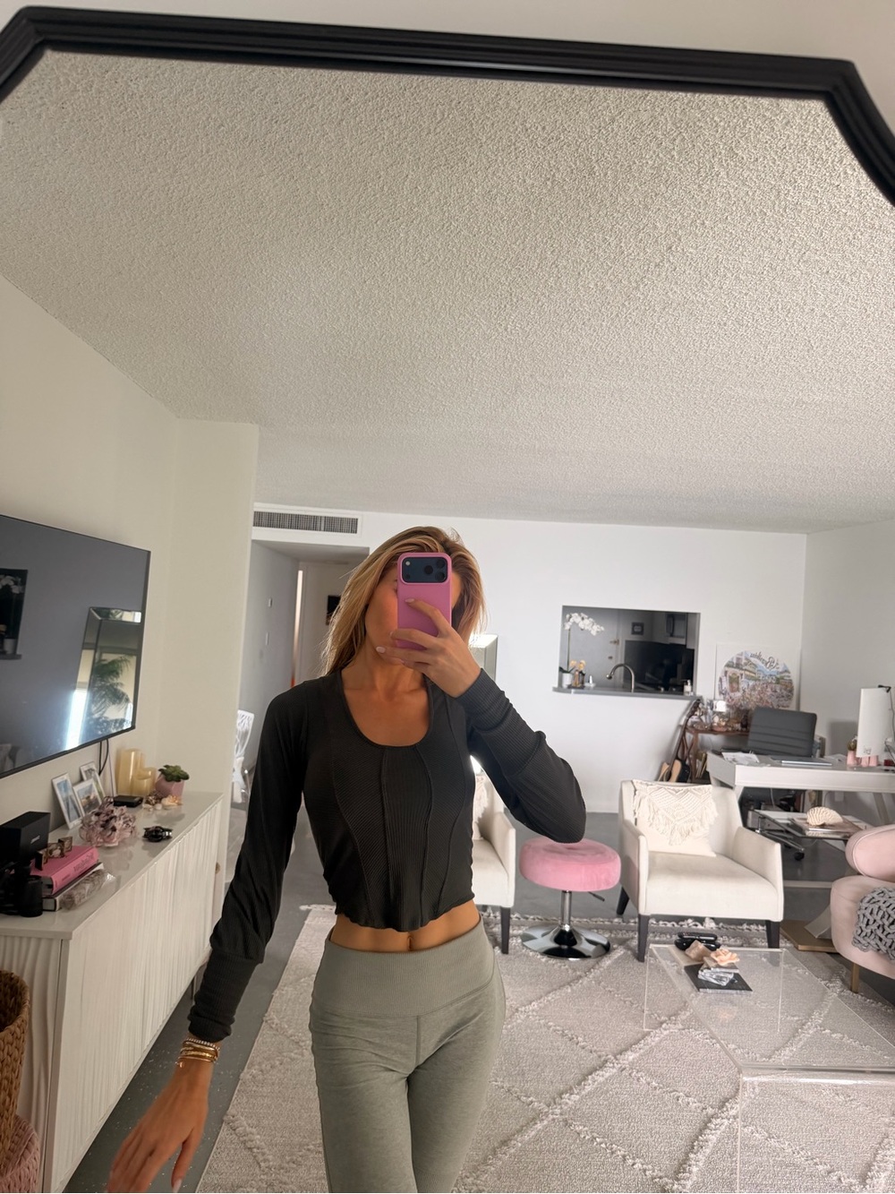 Vintage Havana Gray Ribbed Scoop-Neck Long Sleeve Top